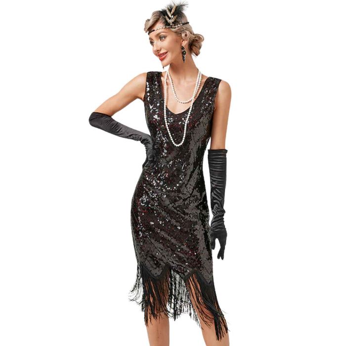 Midnight Black Sequin Fringe Dress Classic Gatsby Elegance Plus Sizes Available