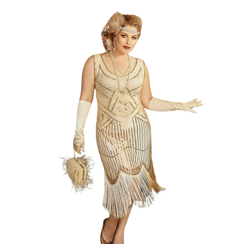 Golden Gatsby Sequin Fringe Dress Vintage Luxe Plus Sizes Available