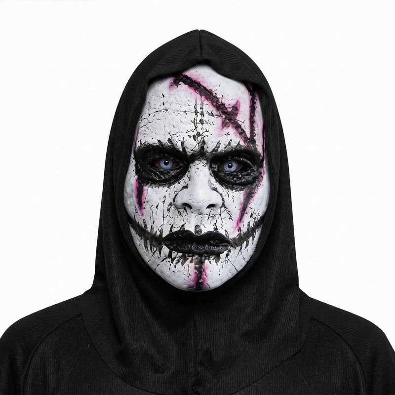 White Scarred Halloween Hooded Mask with attached black hood