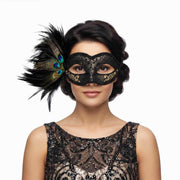 Black lace masquerade mask with gold embroidery and peacock feathers