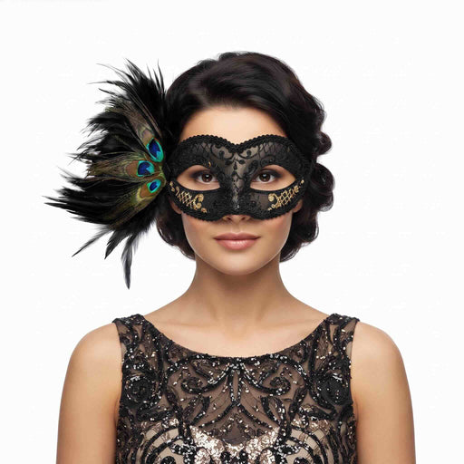 Black lace masquerade mask with gold embroidery and peacock feathers