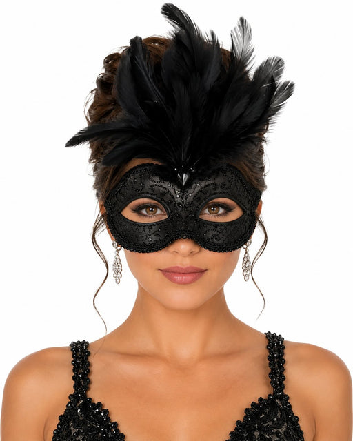Black lace masquerade mask with dramatic black feather plume