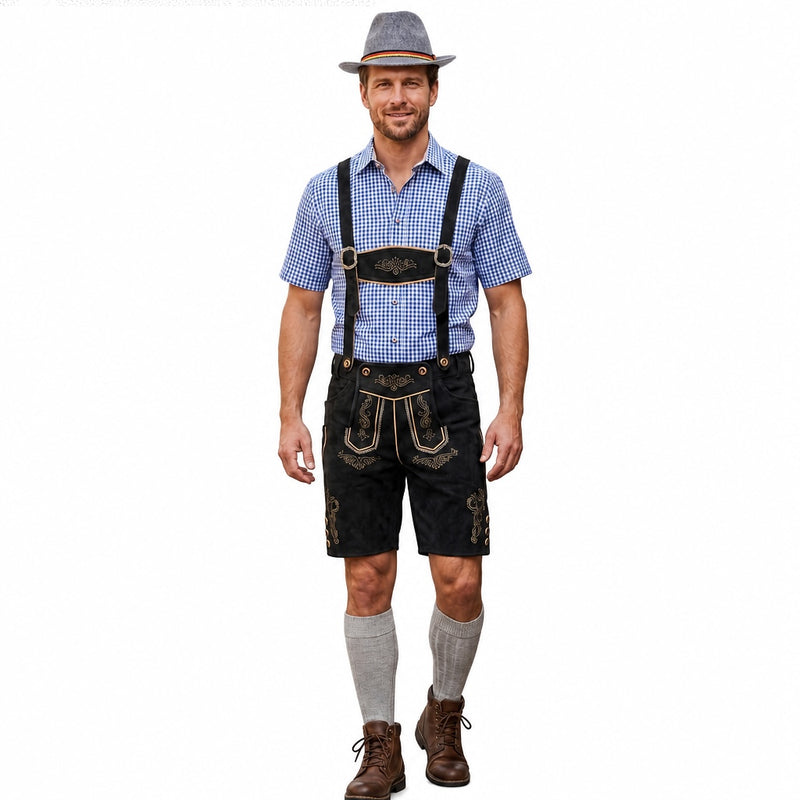 Deluxe Faux Suede Black Lederhosen Shorts With Pockets + Shirt + Hat + Socks