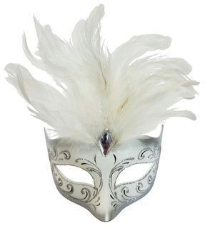 Silver White Feather Masquerade Mask | Elegant Venetian Costume