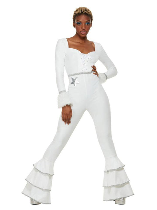 All in one white stylish jumpsuit with fared sleeves and ruffled leg cuffs. 