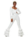 All in one white stylish jumpsuit with fared sleeves and ruffled leg cuffs. 