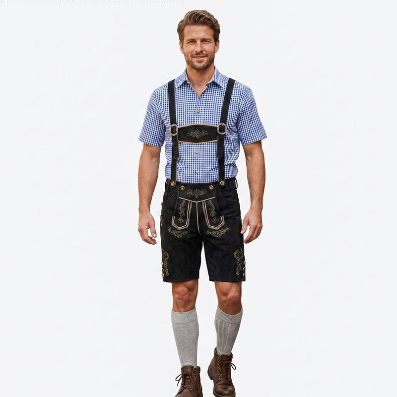 Deluxe Faux Suede Black Lederhosen Shorts Inc Pockets + Shirt + Socks