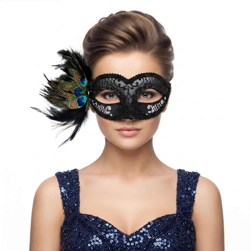 Black lace masquerade mask with peacock feather embellishment