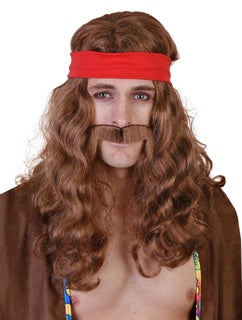 Long Brown Wavy Lennon Wig with Mo & Headband