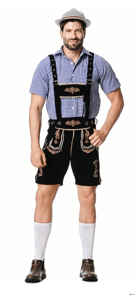 Oktoberfest Costume Lederhosen Shorts inc Pocket + Shirt + Hat + Socks