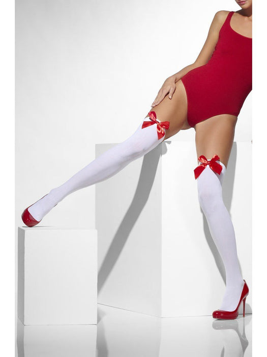 Opaque Nylon White Thigh Highs with Red Bows