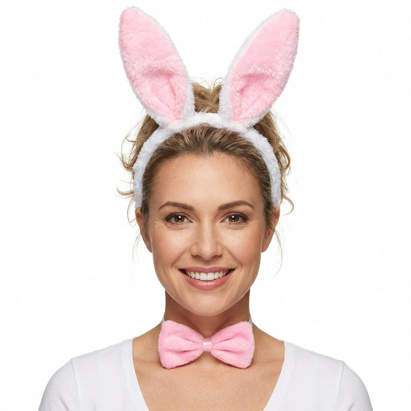 Plush Bunny Ears Pink & White Headband