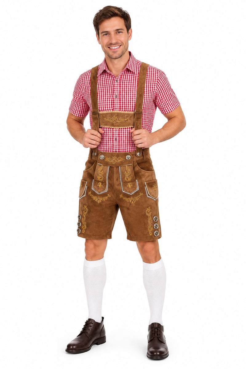 Deluxe Faux Suede Brown Lederhosen Shorts inc Pockets + Shirt + Hat + Socks