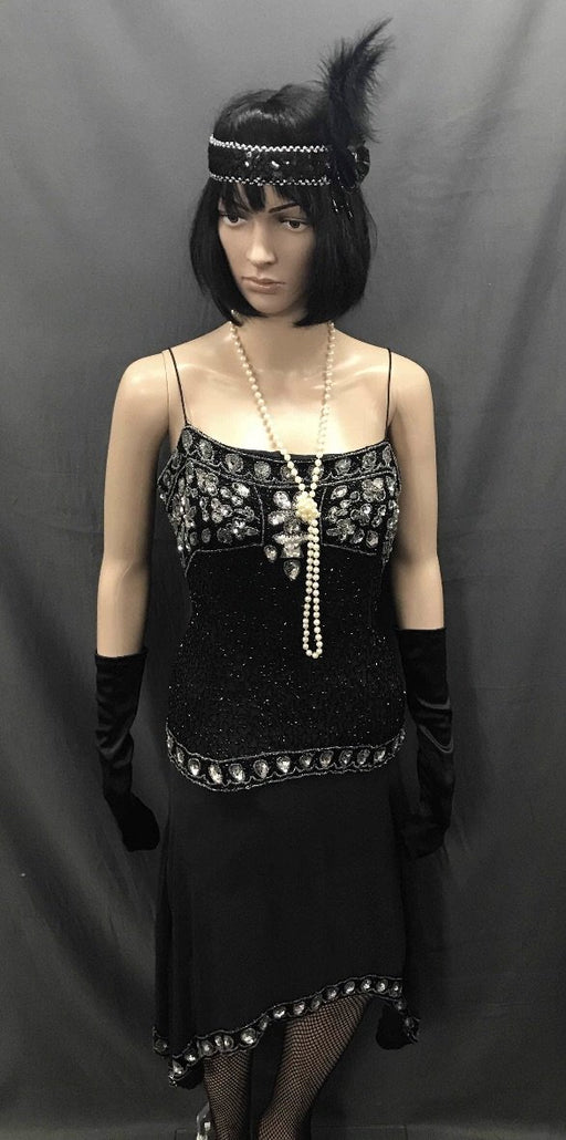1920s Dress - Long Black Gem and Sequin Flapper - Hire - The Costume Company | Fancy Dress Costumes Hire and Purchase Brisbane and Australia
