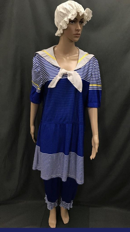 1920s Simmers Royal Blue and White Stripe with Swim Cap - Hire - The Costume Company | Fancy Dress Costumes Hire and Purchase Brisbane and Australia