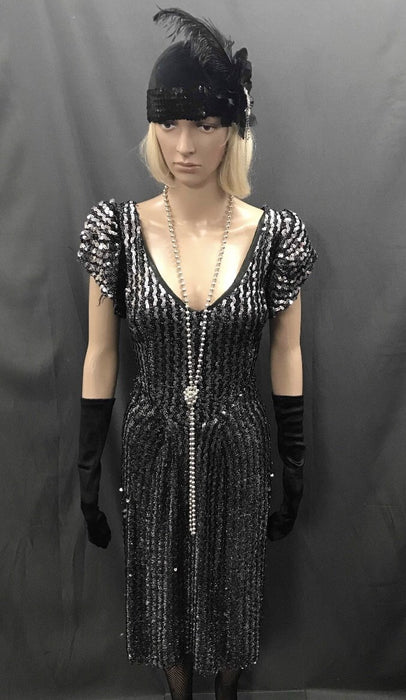 1930s-40s Bias Cut Cocktail Dress - Black Silver Beaded - Hire - The Costume Company | Fancy Dress Costumes Hire and Purchase Brisbane and Australia