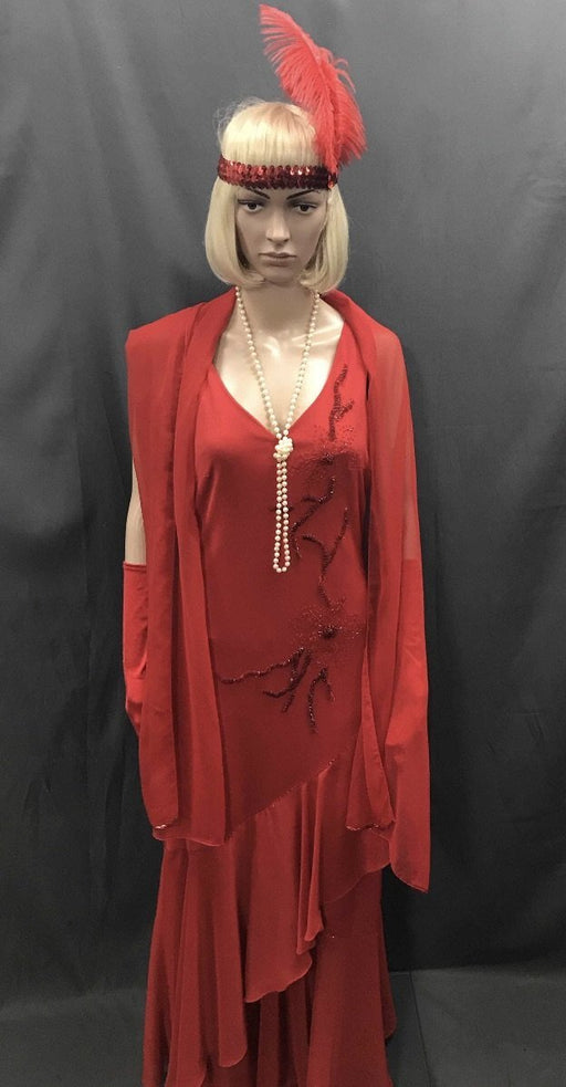 1930s-40s Bias Cut Cocktail Dress - Red Long Beaded - Hire - The Costume Company | Fancy Dress Costumes Hire and Purchase Brisbane and Australia