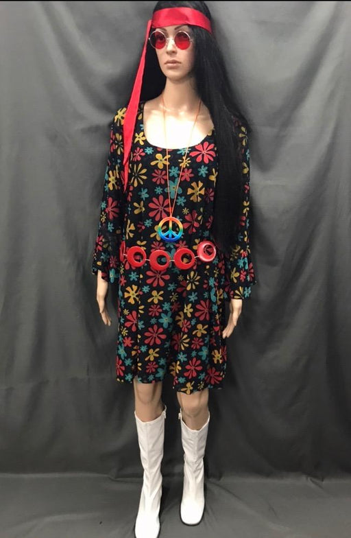 60-70s Ladies - Black Dress with Red and Yellow Flowers - Hire - The Costume Company | Fancy Dress Costumes Hire and Purchase Brisbane and Australia