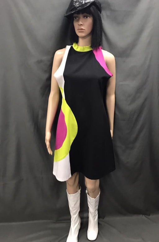 60-70s Ladies - Black Mod Dress with Pink and Green - Hire
