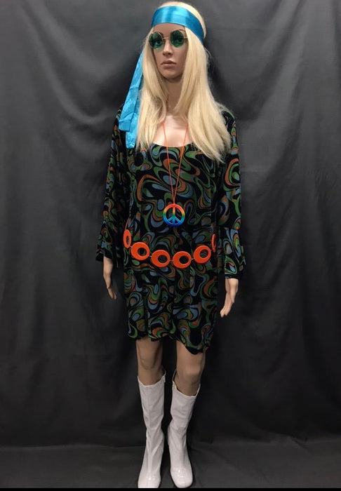 60-70s Ladies - Black, Orange and Green Swirl Dress - Hire - The Costume Company | Fancy Dress Costumes Hire and Purchase Brisbane and Australia