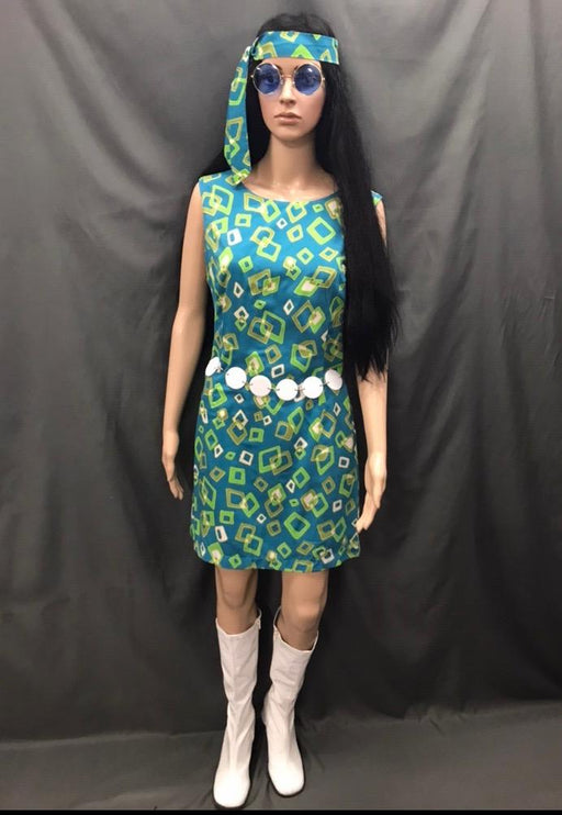 60-70s Ladies - Blue Dress with Green and White Squares - Hire - The Costume Company | Fancy Dress Costumes Hire and Purchase Brisbane and Australia