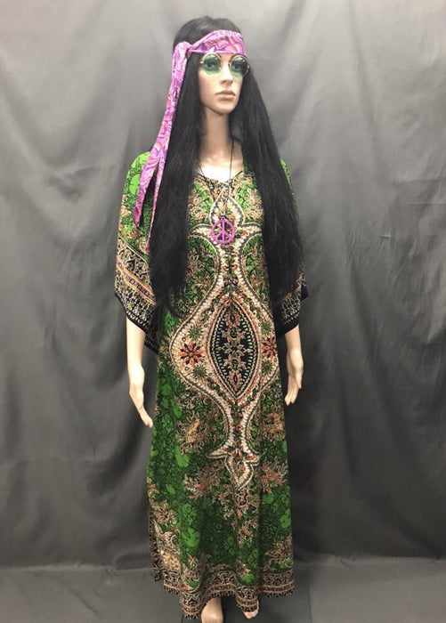 60-70s Ladies - Green Hippie Long Dress - Hire - The Costume Company | Fancy Dress Costumes Hire and Purchase Brisbane and Australia