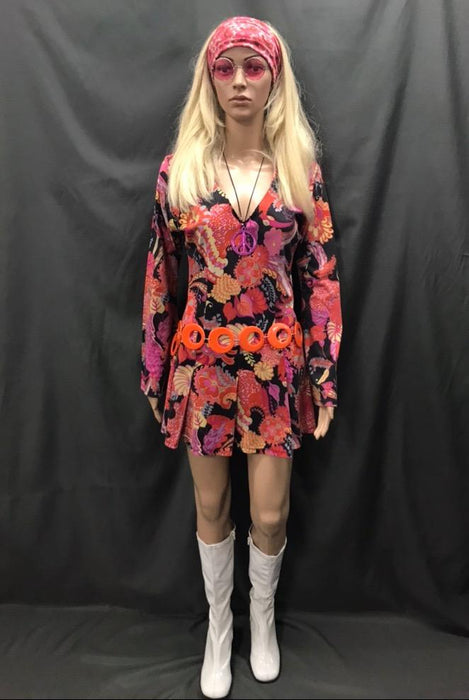 60-70s Ladies - Orange and Pink Flower Dress - Hire - The Costume Company | Fancy Dress Costumes Hire and Purchase Brisbane and Australia