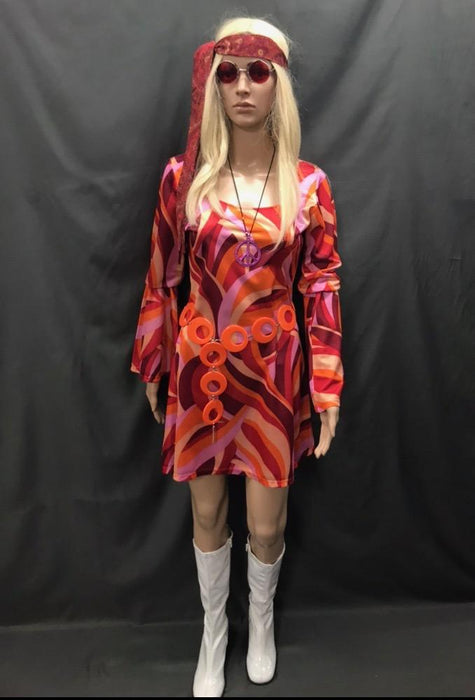60-70s Ladies - Orange and Red Swirl Dress - Hire - The Costume Company | Fancy Dress Costumes Hire and Purchase Brisbane and Australia