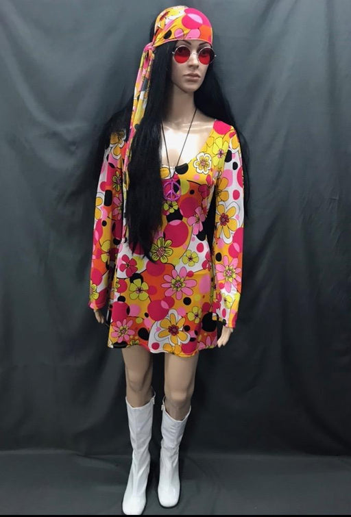 60-70s Ladies - Pink and Yellow Flower Dress - Hire - The Costume Company | Fancy Dress Costumes Hire and Purchase Brisbane and Australia