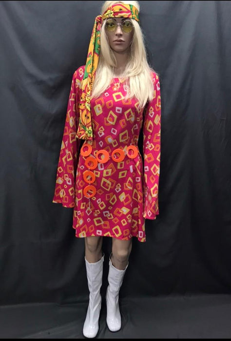 60-70s Ladies - Pink Dress with Yellow Square Pattern - Hire - The Costume Company | Fancy Dress Costumes Hire and Purchase Brisbane and Australia