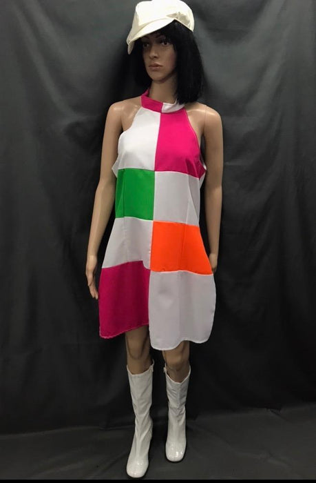 60 70s Ladies Dress White Mod Dress with Pink and Green Hire