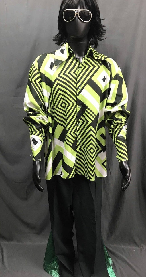 60-70s Mens Disco Costume - Green Pattern Shirt with Black and Green Flares - Hire - The Costume Company | Fancy Dress Costumes Hire and Purchase Brisbane and Australia
