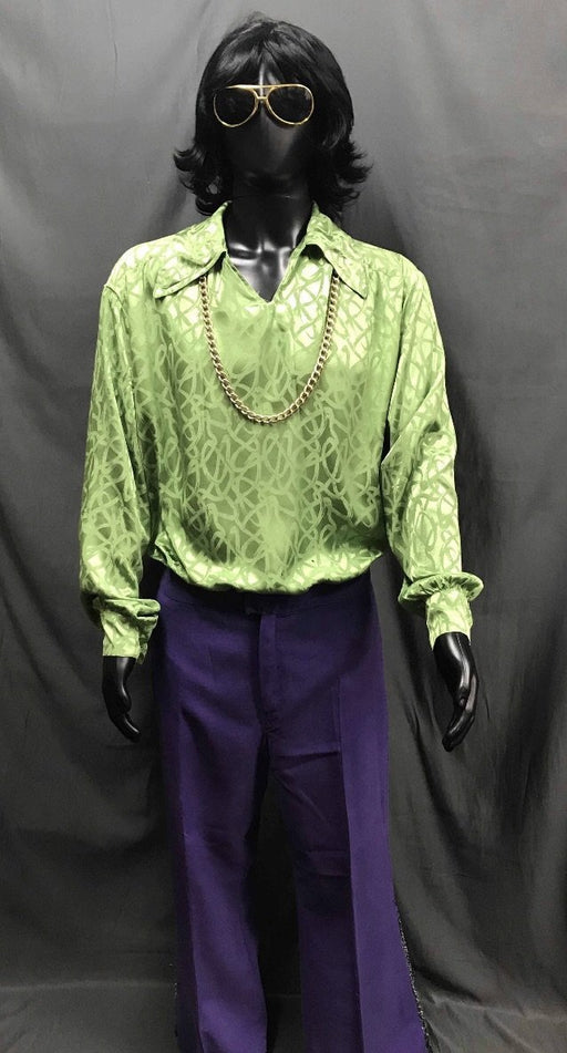 60-70s Mens Disco Costume - Green Shirt with Purple Flares - Hire - The Costume Company | Fancy Dress Costumes Hire and Purchase Brisbane and Australia