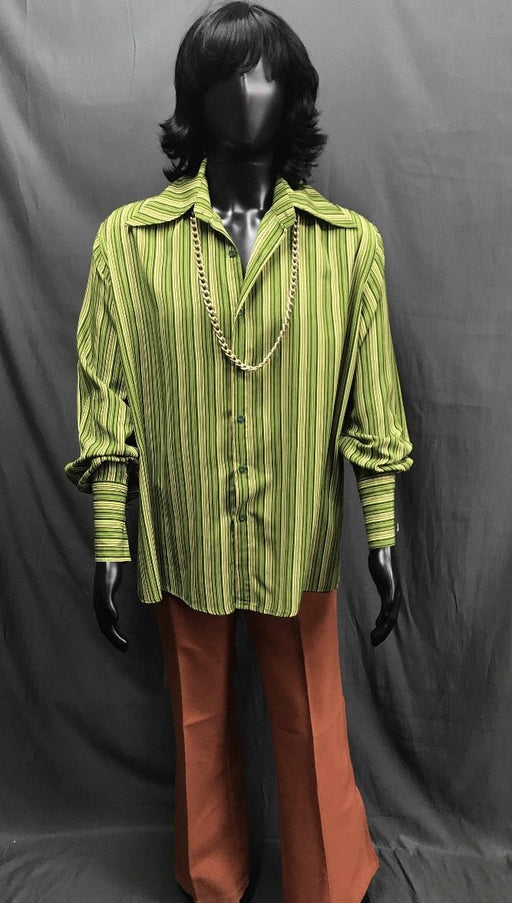 60-70s Mens Disco Costume - Green Stripe Shirt with Brown Flares - Hire - The Costume Company | Fancy Dress Costumes Hire and Purchase Brisbane and Australia