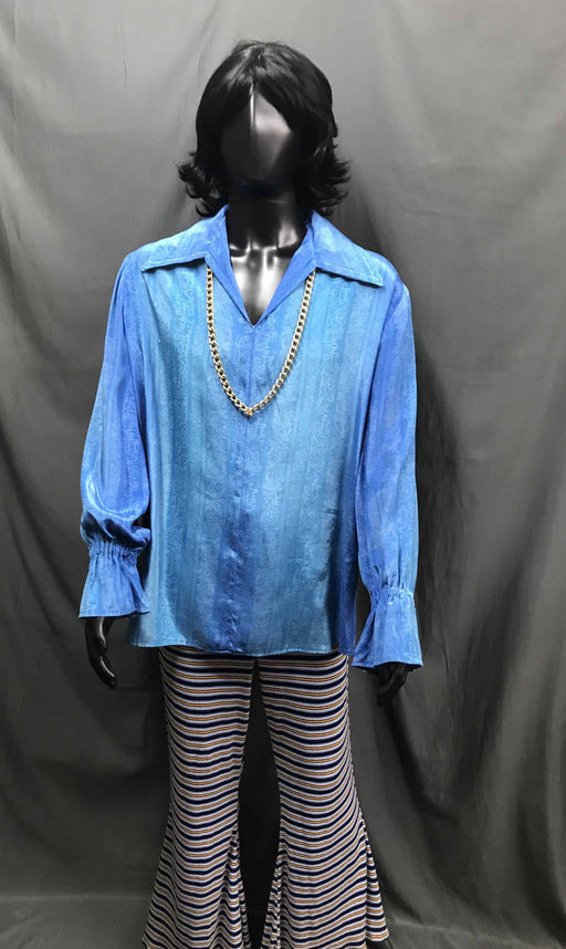 60-70s Mens Disco Costume - Light Blue Long Sleeve Shirt and Pattern Flares- Hire - The Costume Company | Fancy Dress Costumes Hire and Purchase Brisbane and Australia