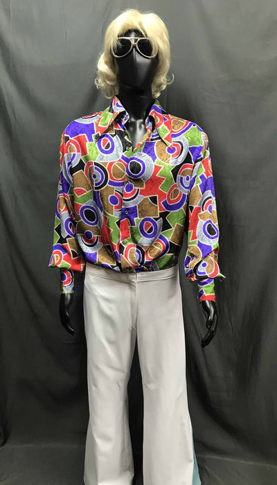 60-70s Mens Disco Costume - Multi-Pattern Shirt with White Flares - Hire - The Costume Company | Fancy Dress Costumes Hire and Purchase Brisbane and Australia
