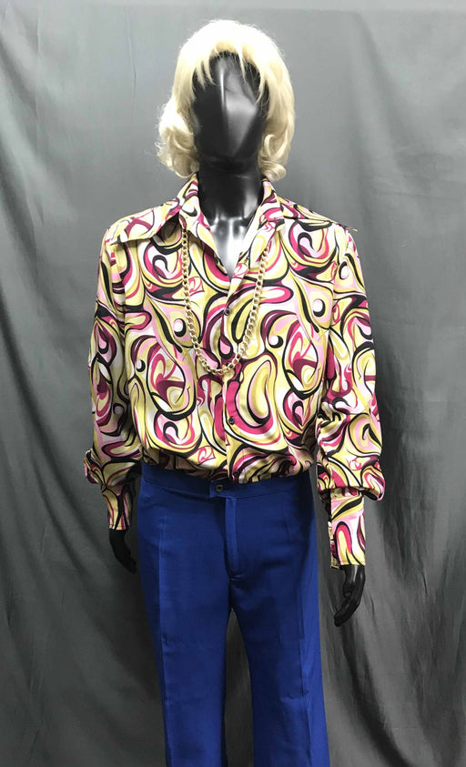60-70s Mens Disco Costume - Pattern Shirt with Blue Flares - Hire - The Costume Company | Fancy Dress Costumes Hire and Purchase Brisbane and Australia