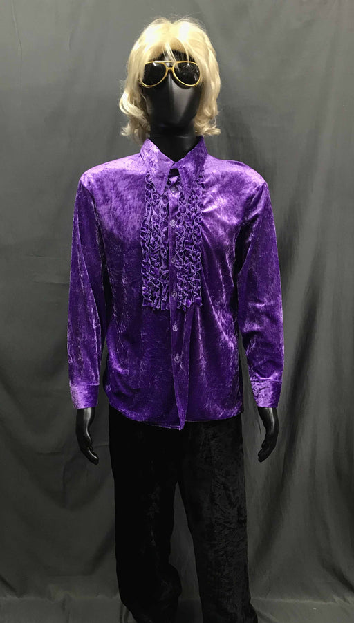 60-70s Mens Disco Costume - Purple Ruffled Shirt with Black Flares - Hire - The Costume Company | Fancy Dress Costumes Hire and Purchase Brisbane and Australia