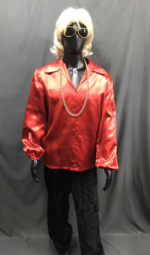 60-70s Mens Disco Costume - Red Long Sleeve Shirt with Black Flares - Hire - The Costume Company | Fancy Dress Costumes Hire and Purchase Brisbane and Australia