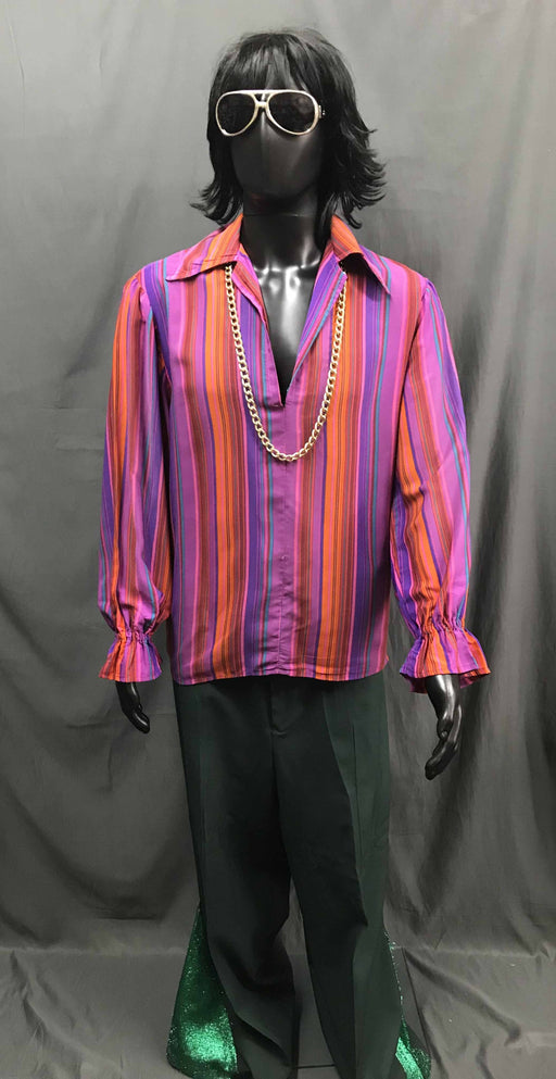60-70s Mens Disco Costume -Stripped Pink Red Shirt with Green Flares - Hire - The Costume Company | Fancy Dress Costumes Hire and Purchase Brisbane and Australia