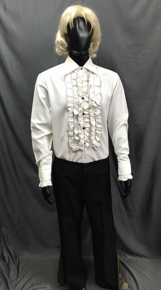 60-70s Mens Disco Costume - White Long Sleeve Shirt with Black Flares - Hire - The Costume Company | Fancy Dress Costumes Hire and Purchase Brisbane and Australia