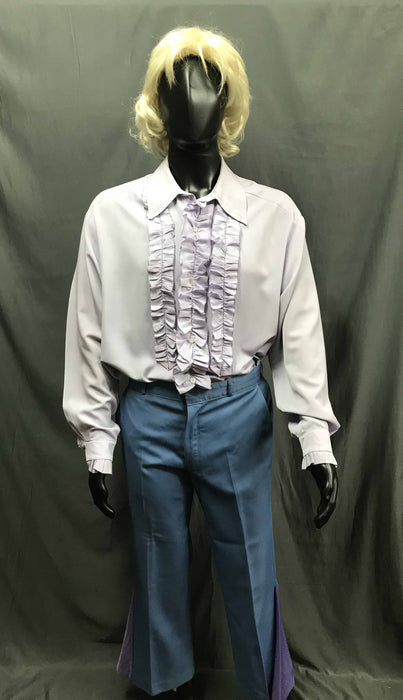 60-70s Mens Disco Costume - White Long Sleeve Shirt with Blue Flares - Hire - The Costume Company | Fancy Dress Costumes Hire and Purchase Brisbane and Australia
