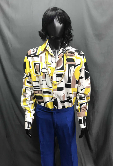 60-70s Mens Disco Costume - Yellow and White Pattern Sleeve Ruffled Shirt with Blue Flares - Hire - The Costume Company | Fancy Dress Costumes Hire and Purchase Brisbane and Australia