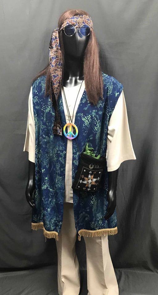 60-70s Mens Hippie Costume - Blue Vest with Gold Trim with Beige Flares - Hire - The Costume Company | Fancy Dress Costumes Hire and Purchase Brisbane and Australia