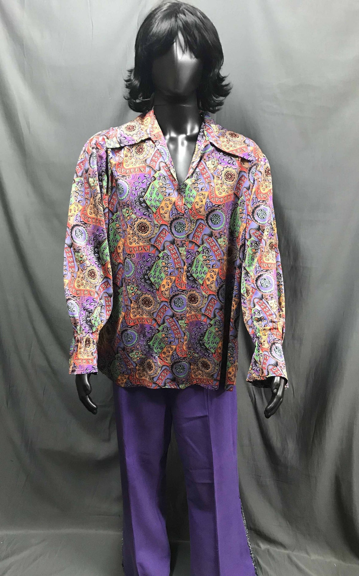 Mens Hippie Costume - Coloured Pattern Shirt with Purple Flares - Hire