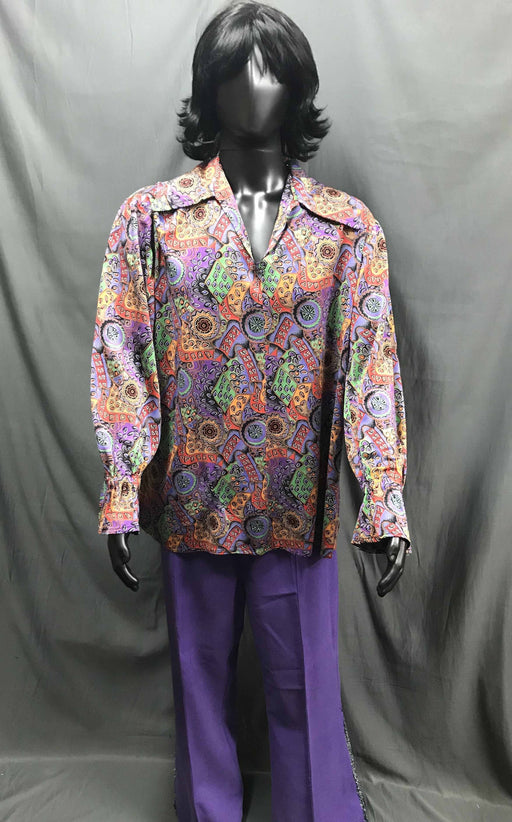 60-70s Mens Hippie Costume - Coloured Pattern Shirt with Purple Flares - Hire - The Costume Company | Fancy Dress Costumes Hire and Purchase Brisbane and Australia