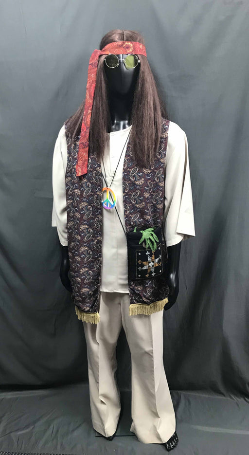 60-70s Mens Hippie Costume - Retro Vest with White Flares - Hire - The Costume Company | Fancy Dress Costumes Hire and Purchase Brisbane and Australia