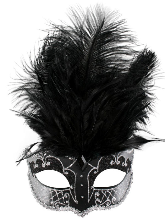 Carmela Black Metallic Feathered Eye Mask | Buy Online - The Costume Company | Australian & Family Owned 