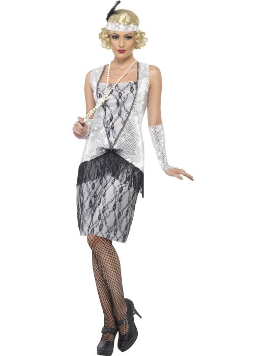 1920s Gatsby Black & Silver Flapper Dress with Headband & Gloves Costume - Buy Online Only