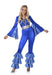 70s Disco Costume, shiny blue all in one jumpsuit with flared arms and ruffled leg cuffs. 